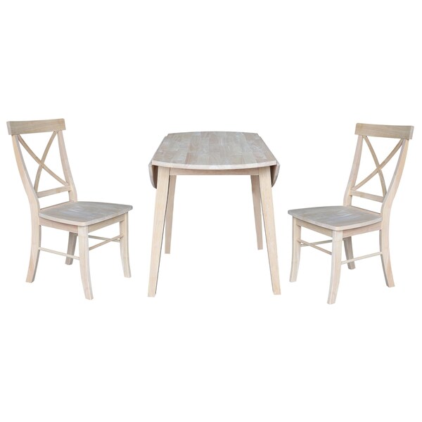 International Concepts 42 in. Solid Wood Round Dual Drop Leaf Dining Table with 2 Chairs, Unfinished - K-42DL-C613-2