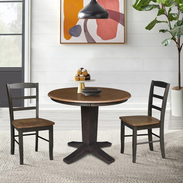 International Concepts 36 in. Solid Wood Round Top Dining Table with 2 Chairs in Hickory/Washed Coal - K45-36RT-23B-C2-2