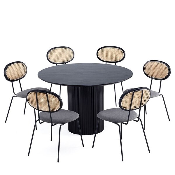 Manhattan Comfort Round Dining Set of 7, 59.05 in L, American Solid Ash Wood, Black and Grey - 6-DT05DCCA06-GY