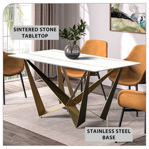Leisuremod Rectangular 55.11 in W, 29.9 in L, Sintered Stone/Steel, White/Gold - NTG-55WG-S