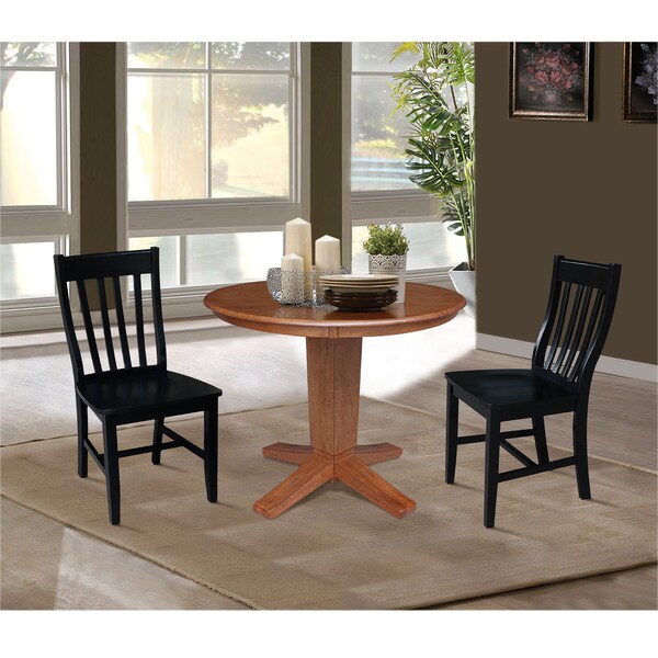 International Concepts 36 in. Solid Wood Round Top Pedestal Dining Table with 2 Chairs in Distressed Oak/Black - K42-36RT-23-C46-61-2