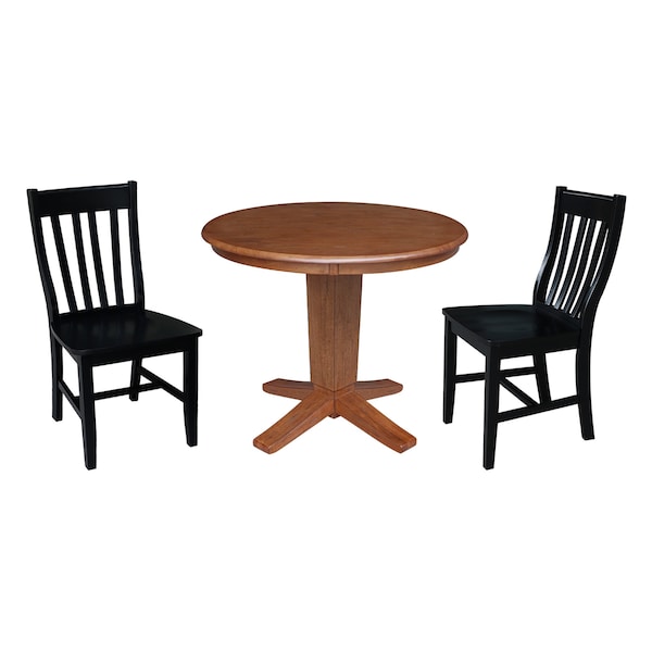 International Concepts 36 in. Solid Wood Round Top Pedestal Dining Table with 2 Chairs in Distressed Oak/Black - K42-36RT-23-C46-61-2