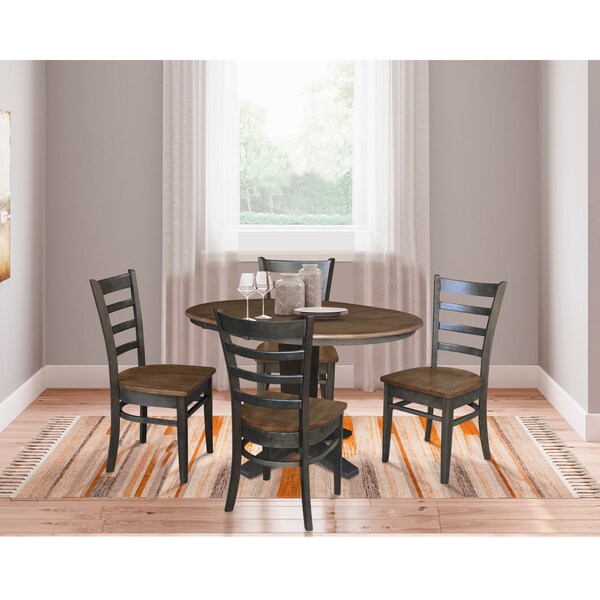 International Concepts 36 in. Solid Wood Round Extension Dining Table with 4 Dining Chairs in Hickory/Washed Coal - K45-36RXT-23B-C617-4