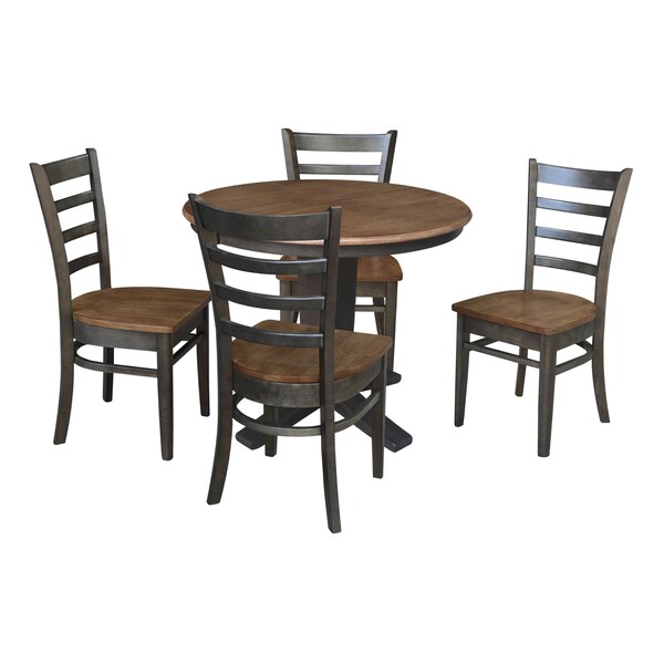 International Concepts 36 in. Solid Wood Round Extension Dining Table with 4 Dining Chairs in Hickory/Washed Coal - K45-36RXT-23B-C617-4