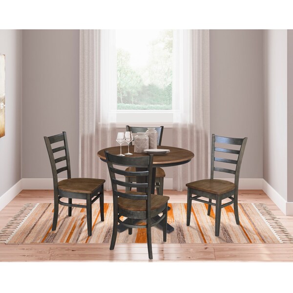 International Concepts 36 in. Solid Wood Round Extension Dining Table with 4 Dining Chairs in Hickory/Washed Coal - K45-36RXT-23B-C617-4