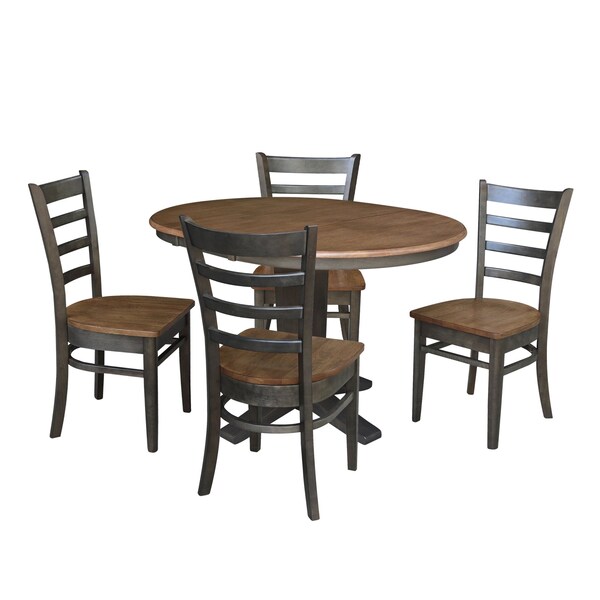 International Concepts 36 in. Solid Wood Round Extension Dining Table with 4 Dining Chairs in Hickory/Washed Coal - K45-36RXT-23B-C617-4