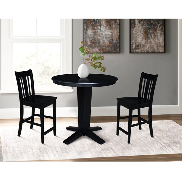 International Concepts 36 in. Solid Wood Round Extension Dining Table with 2 Counter Height Stools in Black - K46-36RXT-23B-S102-2