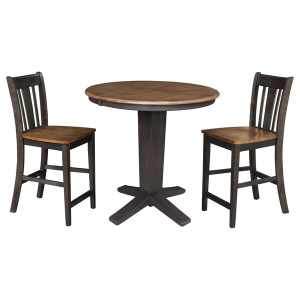 International Concepts 36 in. Solid Wood Round Extension Dining Table with 2 Counter Height Stools in Hickory/Washed Coal - K45-36RXT-23B-S102-2
