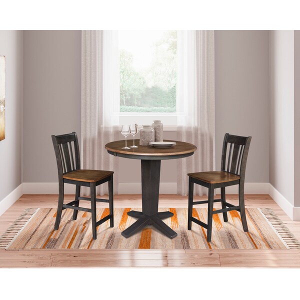 International Concepts 36 in. Solid Wood Round Extension Dining Table with 2 Counter Height Stools in Hickory/Washed Coal - K45-36RXT-23B-S102-2