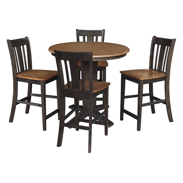 International Concepts 36 in. Solid Wood Round Top Dining Table with 4 Counter Height Stools in Hickory/Washed Coal - K45-36RT-23B-S102-4