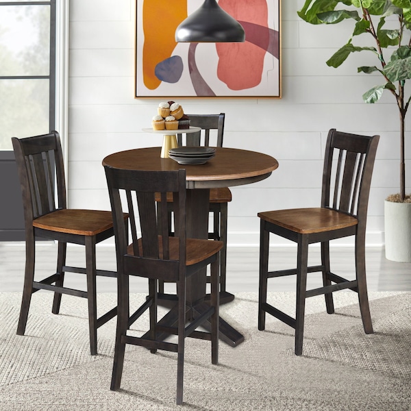 International Concepts 36 in. Solid Wood Round Top Dining Table with 4 Counter Height Stools in Hickory/Washed Coal - K45-36RT-23B-S102-4