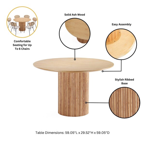 Manhattan Comfort 7-Piece Hathaway 59.05 Round Dining Set in Natural with 6 Flor Dining Chairs in Ivory - 6-DT05DC088AR-NAIV