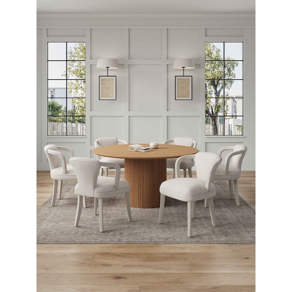 Manhattan Comfort 7-Piece Hathaway 59.05 Round Dining Set in Natural with 6 Flor Dining Chairs in Ivory - 6-DT05DC088AR-NAIV