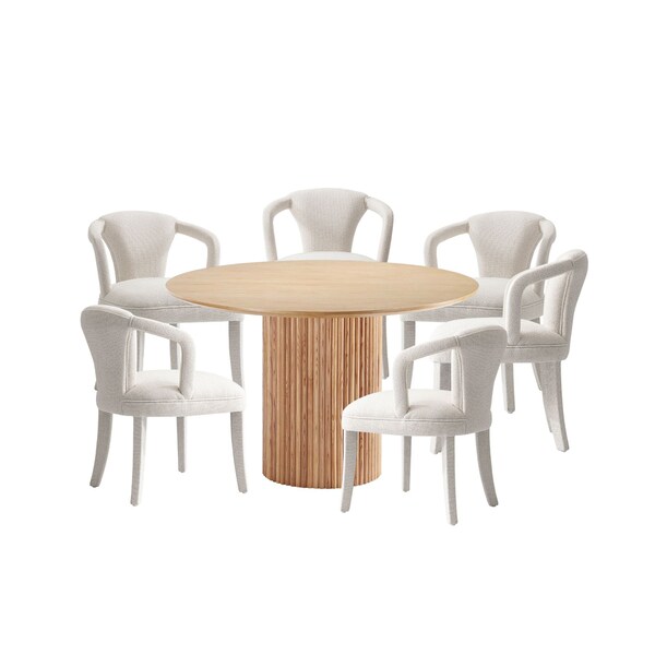 Manhattan Comfort 7-Piece Hathaway 59.05 Round Dining Set in Natural with 6 Flor Dining Chairs in Ivory - 6-DT05DC088AR-NAIV