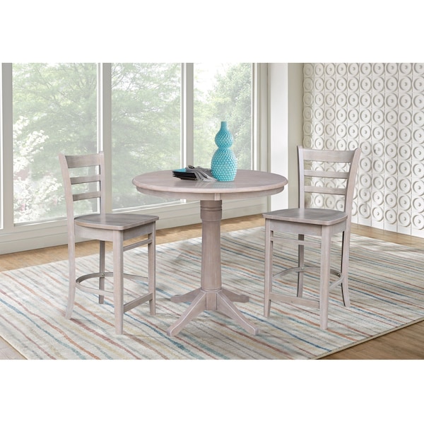 International Concepts 36 in. Solid Wood Round Top Pedestal Counter Height Dining Table with 2 Stools, Washed Gray Taupe - K09-36RT-27B-S6172-2