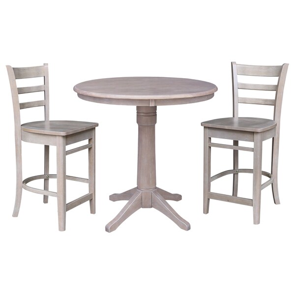 International Concepts 36 in. Solid Wood Round Top Pedestal Counter Height Dining Table with 2 Stools, Washed Gray Taupe - K09-36RT-27B-S6172-2