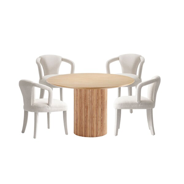 Manhattan Comfort 5-Piece Hathaway 47.24 Round Dining Set in Natural with 4 Palmer Dining Armchairs in Ivory - 4-DT03DC088AR-NAIV