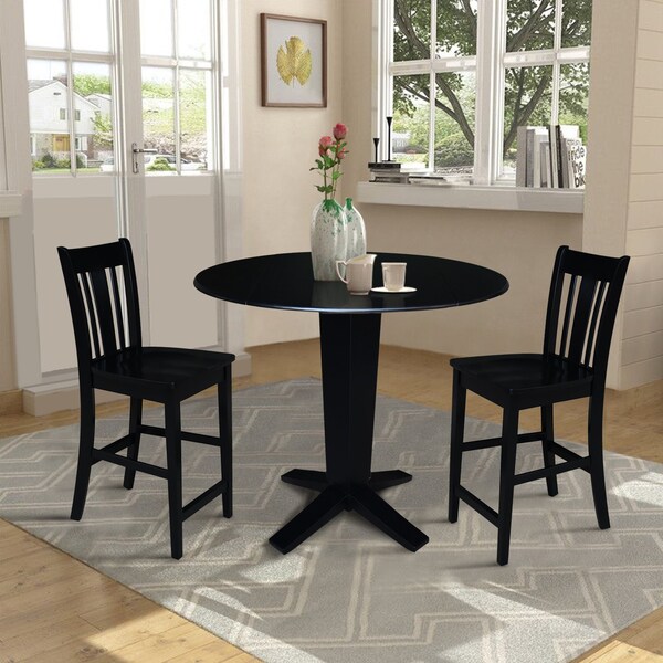 International Concepts 42 in. Solid Wood Dual Drop Leaf Dining Table with 2 Counter Height Stools in Black - K46-42DPT-23B-S102-2