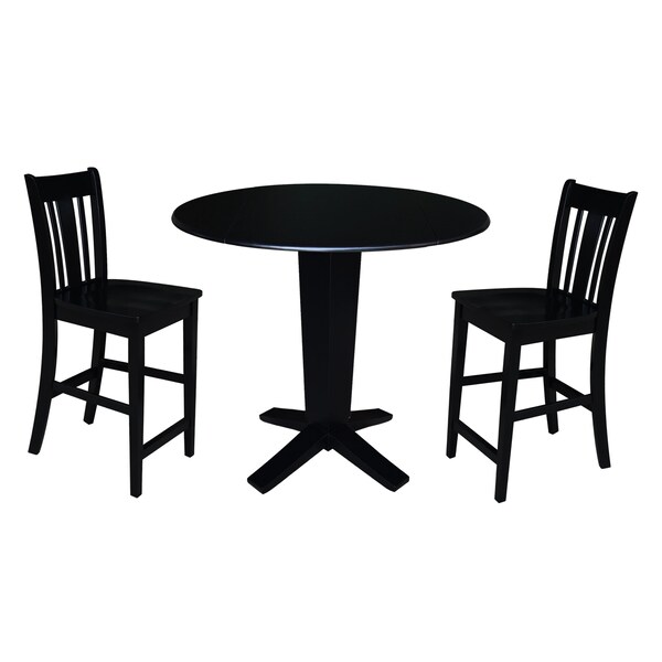International Concepts 42 in. Solid Wood Dual Drop Leaf Dining Table with 2 Counter Height Stools in Black - K46-42DPT-23B-S102-2
