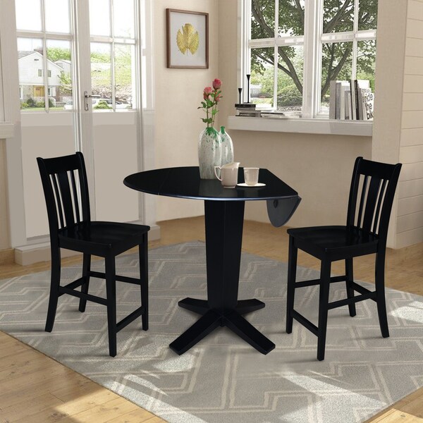 International Concepts 42 in. Solid Wood Dual Drop Leaf Dining Table with 2 Counter Height Stools in Black - K46-42DPT-23B-S102-2