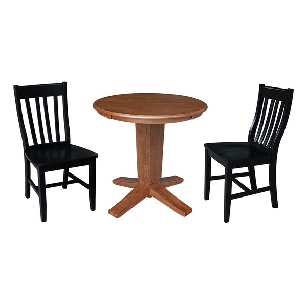 International Concepts 30 in. Solid Wood Round Top Pedestal Dining Table with 2 Chairs in Distressed Oak/Black - K42-30RT-23-C46-61-2