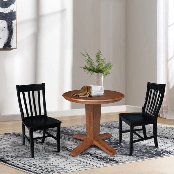 International Concepts 30 in. Solid Wood Round Top Pedestal Dining Table with 2 Chairs in Distressed Oak/Black - K42-30RT-23-C46-61-2
