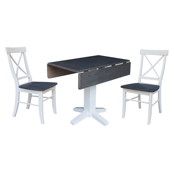 International Concepts 36 in. Solid Wood Square Dual Drop Leaf Dining Table with 2 Chairs in White/Heather Gray - K05-36SDP-C613-2