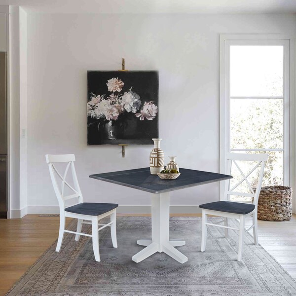 International Concepts 36 in. Solid Wood Square Dual Drop Leaf Dining Table with 2 Chairs in White/Heather Gray - K05-36SDP-C613-2