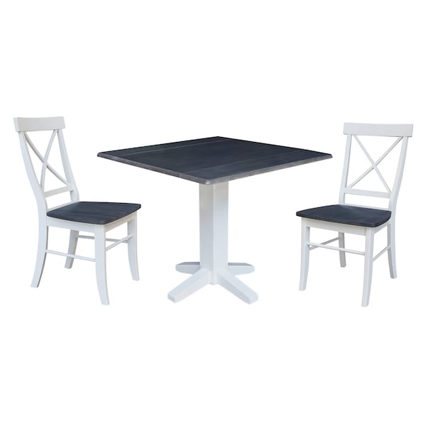International Concepts 36 in. Solid Wood Square Dual Drop Leaf Dining Table with 2 Chairs in White/Heather Gray - K05-36SDP-C613-2