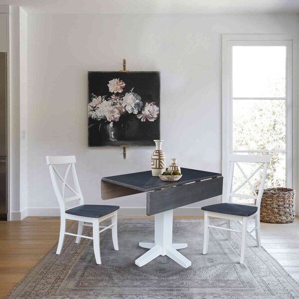 International Concepts 36 in. Solid Wood Square Dual Drop Leaf Dining Table with 2 Chairs in White/Heather Gray - K05-36SDP-C613-2