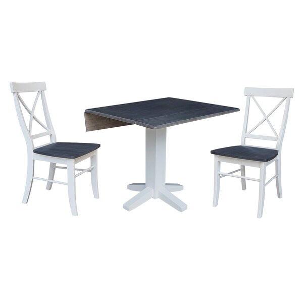 International Concepts 36 in. Solid Wood Square Dual Drop Leaf Dining Table with 2 Chairs in White/Heather Gray - K05-36SDP-C613-2