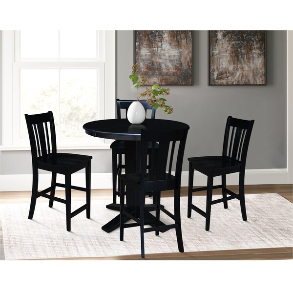 International Concepts 36 in. Solid Wood Round Extension Dining Table with 4 Counter Height Stools in Black - K46-36RXT-23B-S102-4