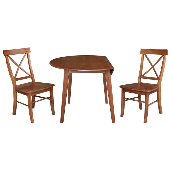 International Concepts 42 in. Solid Wood Round Dual Drop Leaf Dining Table with 2 Chairs in Distressed Oak - K42-42DL-C613-2