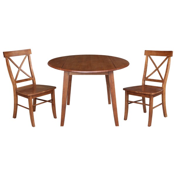 International Concepts 42 in. Solid Wood Round Dual Drop Leaf Dining Table with 2 Chairs in Distressed Oak - K42-42DL-C613-2