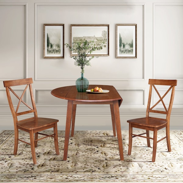 International Concepts 42 in. Solid Wood Round Dual Drop Leaf Dining Table with 2 Chairs in Distressed Oak - K42-42DL-C613-2