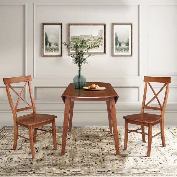 International Concepts 42 in. Solid Wood Round Dual Drop Leaf Dining Table with 2 Chairs in Distressed Oak - K42-42DL-C613-2