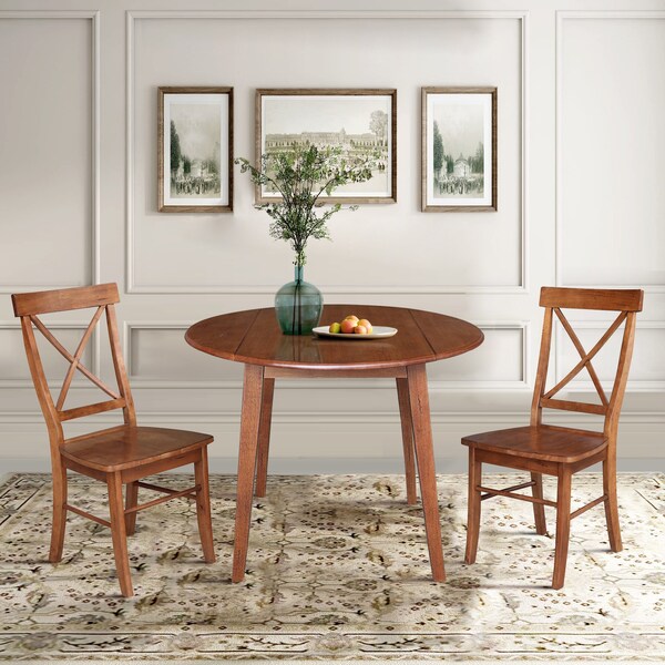 International Concepts 42 in. Solid Wood Round Dual Drop Leaf Dining Table with 2 Chairs in Distressed Oak - K42-42DL-C613-2