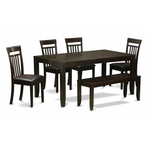 East West Furniture 6 Piece Dining Table Set With Bench-Table With Leaf and 4 Chairs For Dining Room Plus Bench - LYCA6-CAP-LC