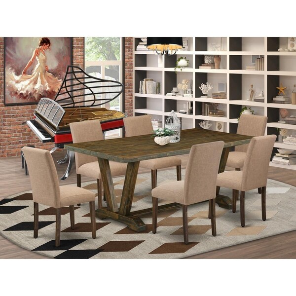 East West Furniture 7 Piece V-Style Wooden Dining Table Set - Distressed Jacobean - V777AB747-7