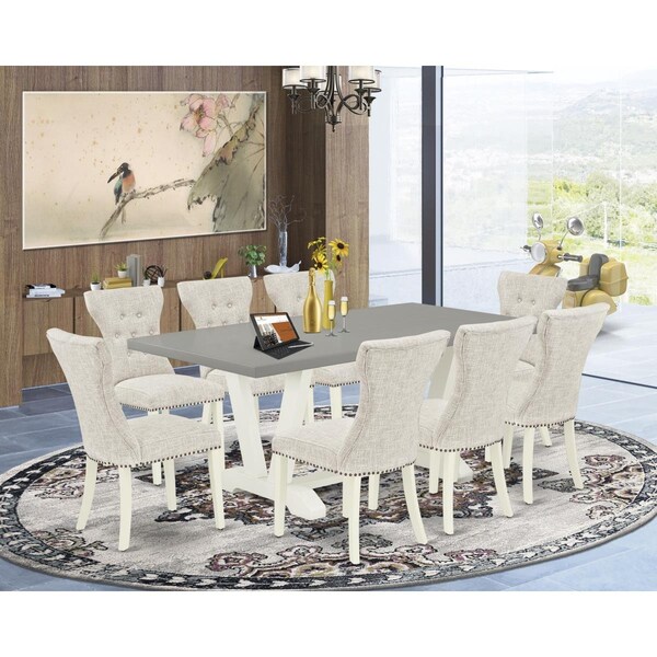 East West Furniture 9 Piece V-Style Dining Table Set - Linen White - V097GA235-9