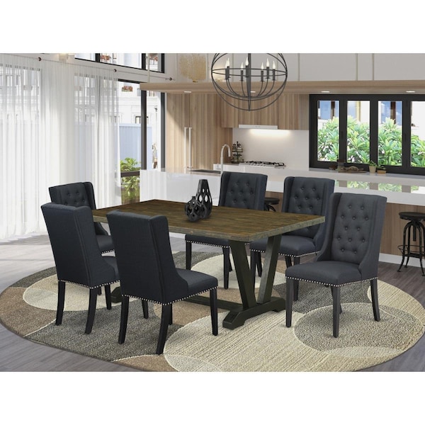 East West Furniture 7 Piece V-Style Dining Table Set - Wire Brush Black - V677FO624-7