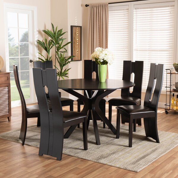 Baxton Studio Kenyon Dark Brown Upholstered and Finished Wood 7-Piece Dining Set - 170-8036-10894
