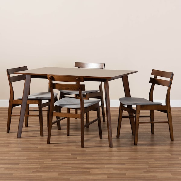 Baxton Studio Eleri Light Grey Upholstered and Walnut Wood 5-Piece Dining Set - 168-10816-10807