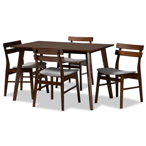 Baxton Studio Eleri Light Grey Upholstered and Walnut Wood 5-Piece Dining Set - 168-10816-10807