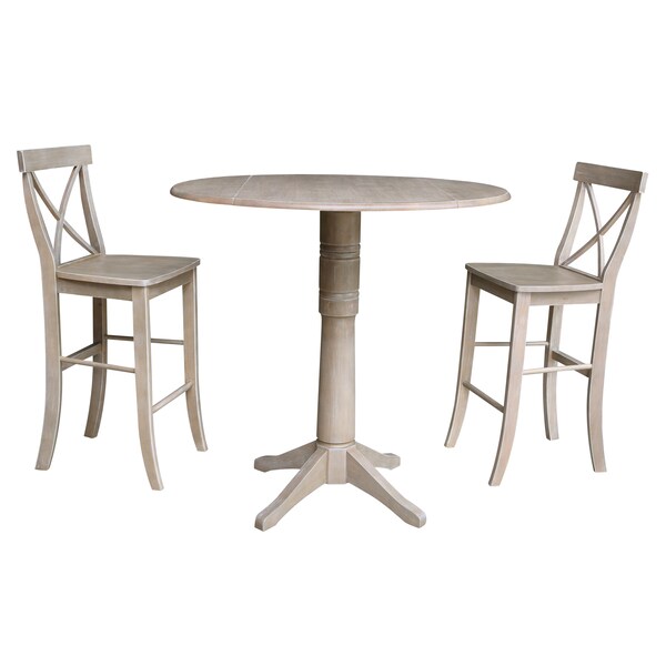 International Concepts Round 42 in Rd Pedestal Bar Height Table, 2 Bar Height Stools, Washed Gray Taupe, 42 in W, 42 in L - K09-42DPT-27-S6133-2