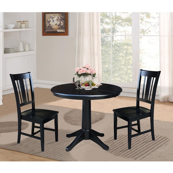 International Concepts Round 36 in Round Extension Dining Table with 2 San Remo Chairs, Black, 36 in W, 48 in L, 30.1 in H - K46-36RXT-27B-C10-2