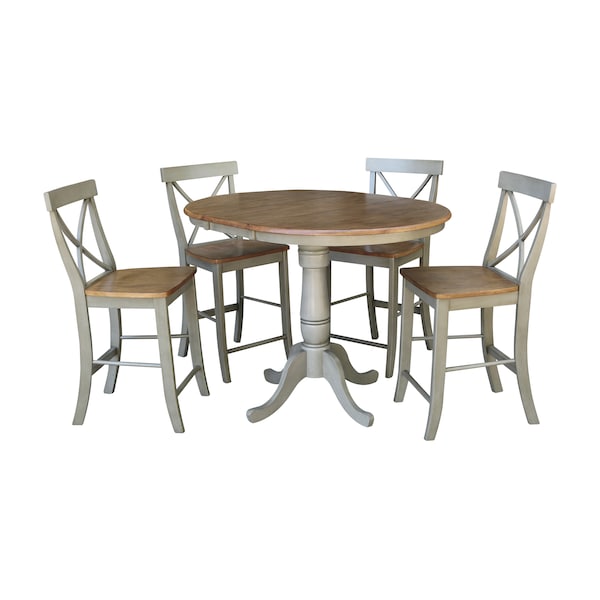 International Concepts Round 36 in Rd Extension Dining Table, 4 X-back Counter Ht Stools, Hickory/Stone, 36 in W, 48 in L - K41-36RXT-6B-S6132-4