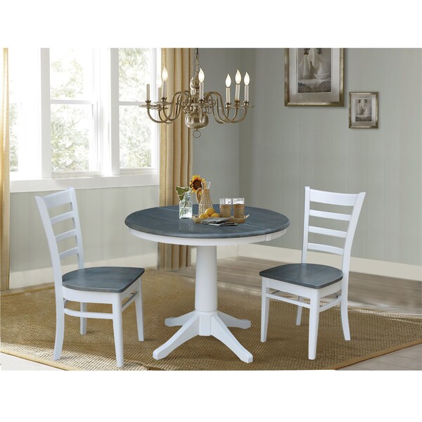 International Concepts Round 36 in Rd Extension Dining Table, 2 Emily Chairs, White/Heather Gray, 36 in W, 48 in L, Wood - K05-36RXT-27B-C617-2