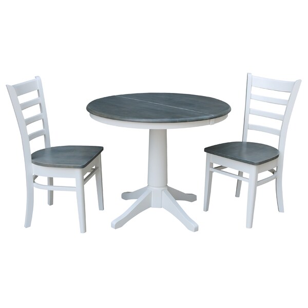 International Concepts Round 36 in Rd Extension Dining Table, 2 Emily Chairs, White/Heather Gray, 36 in W, 48 in L, Wood - K05-36RXT-27B-C617-2