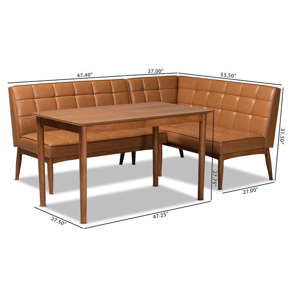 Baxton Studio Sanford Mid-Century Modern Tan Faux Leather and Walnut Brown Finished Wood 3-Piece Dining Nook Set - 184-11346-9305-ZORO